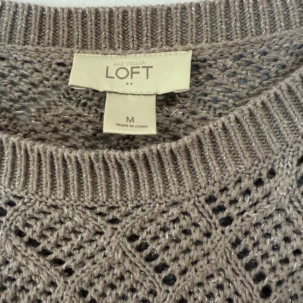 LOFT Metallic Pointelle Knit Sweater Open Weave Subtle Shimmer Taupe Size Medium